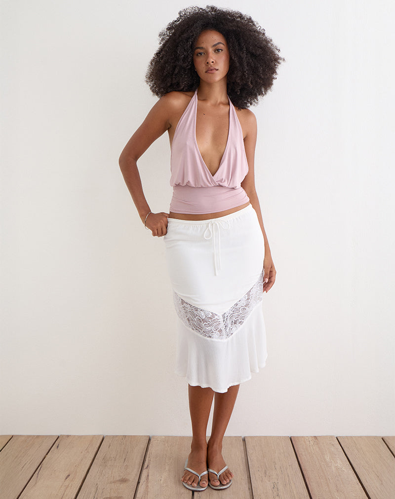 Linus Midi Skirt with Lace Panel in Crinkle Off White