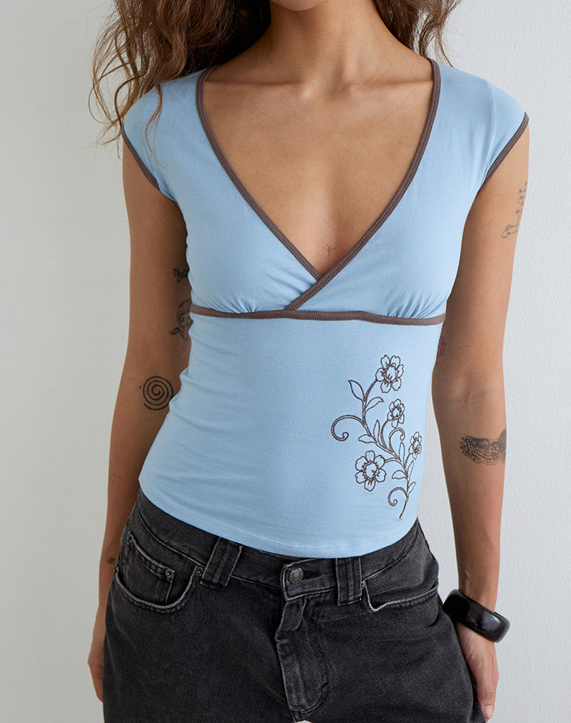 Liuvia Top in Nantucket Blue with Coffee Quartz Binding and Flower Embroidery