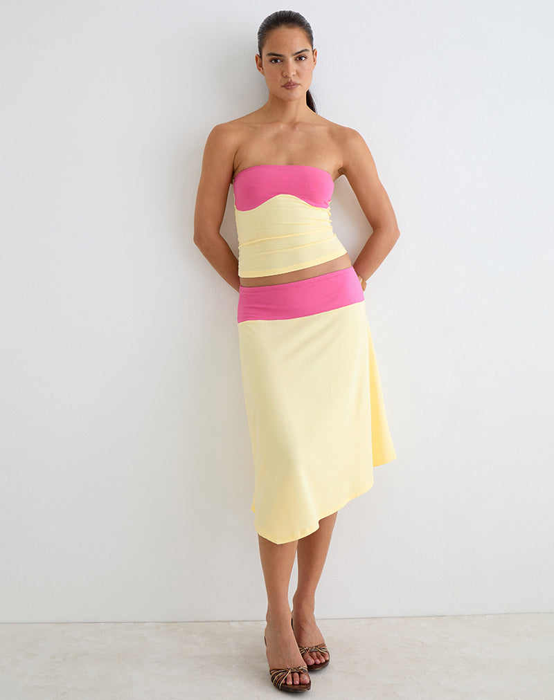 Image of Soli Midi Skirt in Rayon Jersey Lemon Yellow and Deep Pink