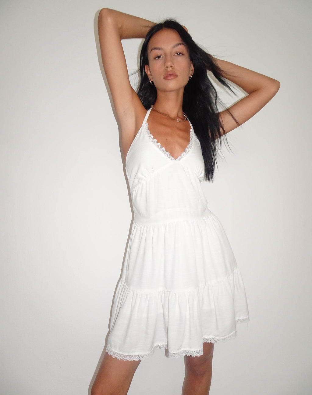 Londyn Tiered Halter Mini Dress in Off White