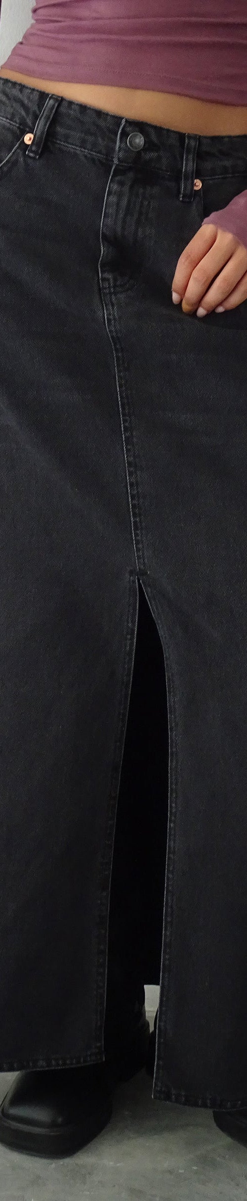 image of Low Rise Denim Maxi Skirt in Vintage Black