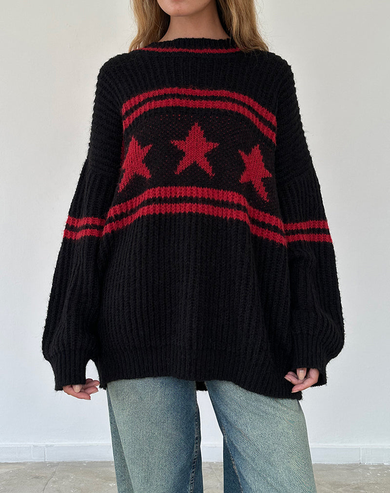Lulees Oversized Jumper in Black with Red Star and Stripes