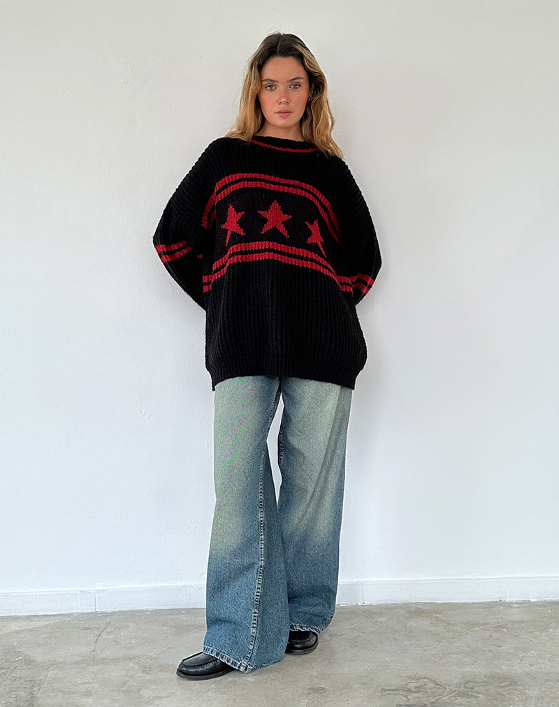 Image of Lulees Oversized Jumper in Black with Red Star and Stripes