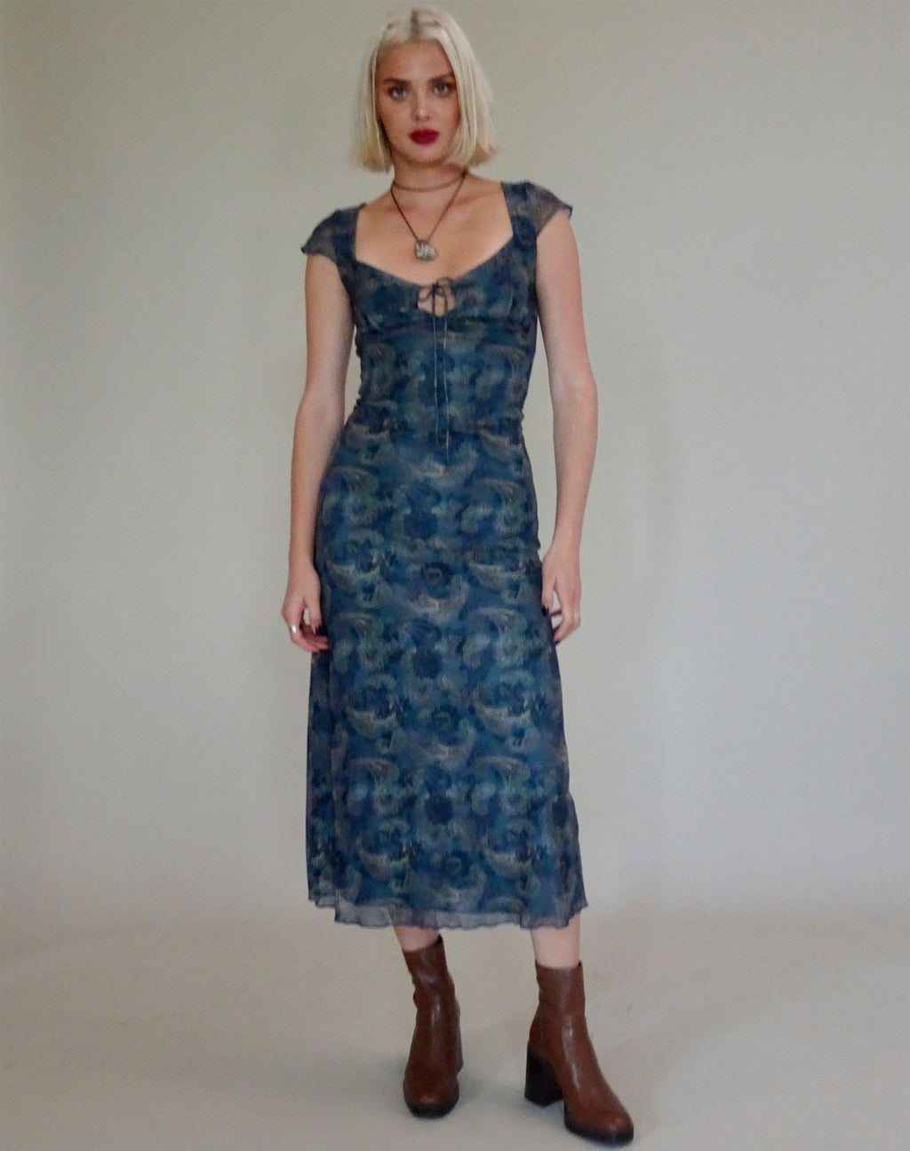 Lunama Mesh Midi Dress in Tonal Blue Paisley