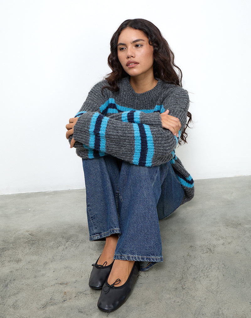 Image of Lunet Knitted Jumper in Stripe Grey and Blue