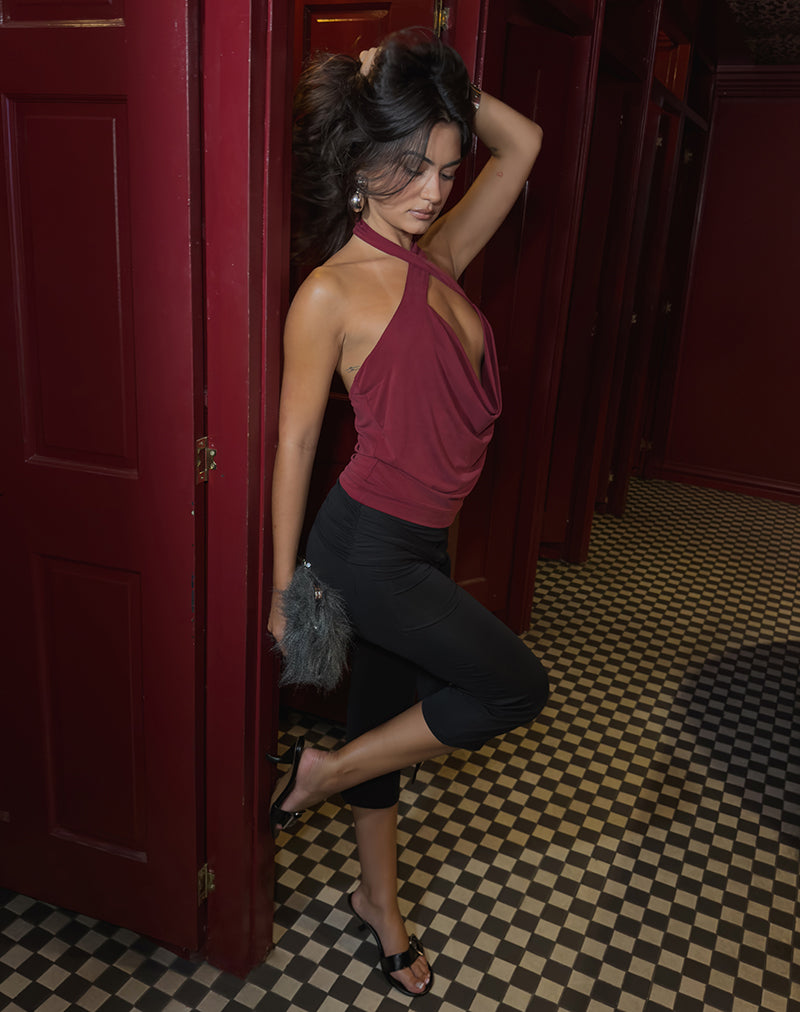 Image of Lupine Cowl Crossover Halter Top in Cupro Burgundy