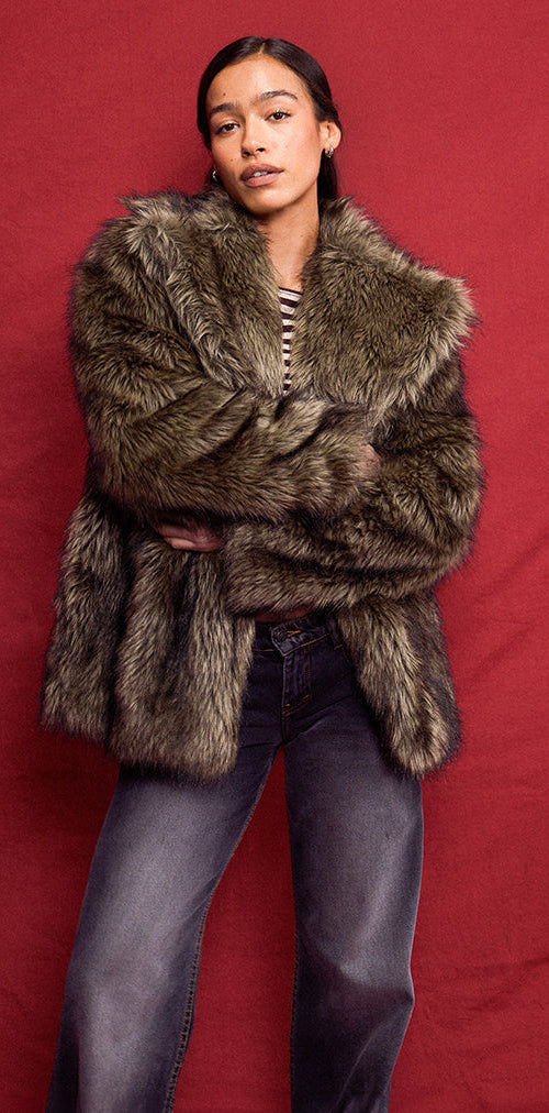 Image of Lupita Jacket in Faux Long Fur Brown