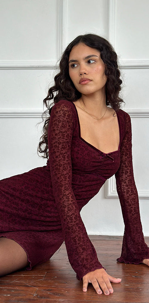 Image of Luth Mini Dress in Ditsy Flocked  Burnt Maroon