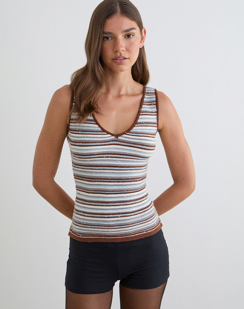 Image of Lycia Plunge Top in Knit Stripe Blue and Brown