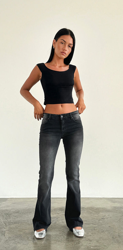 Image of Low Rise Flared Jeans in Extreme Black