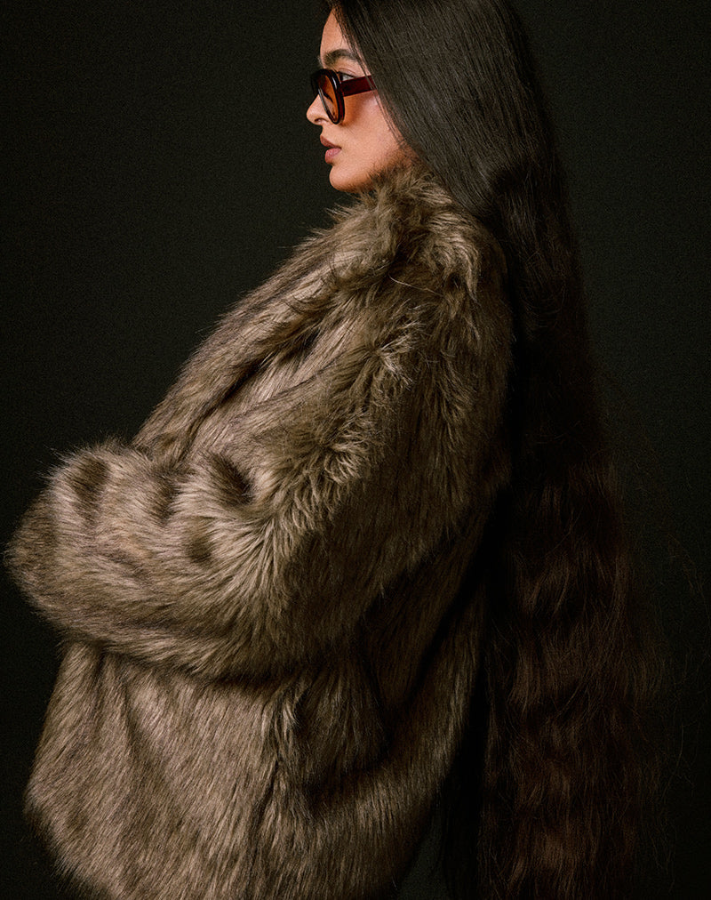 Image of Lupita Jacket in Faux Long Fur Brown
