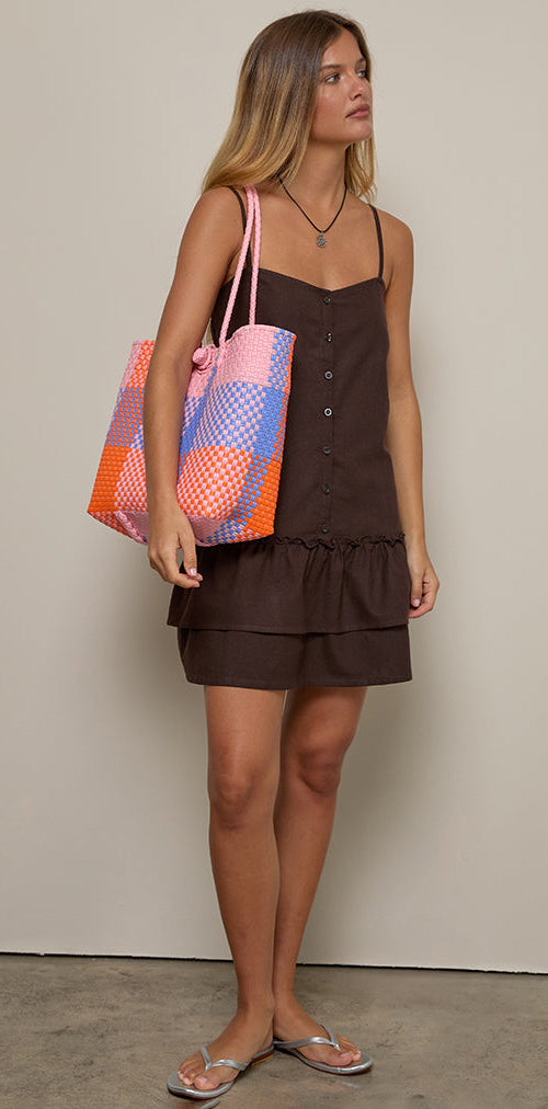 Image of Mailina Linen Button Up Mini Dress in Chocolate Brown