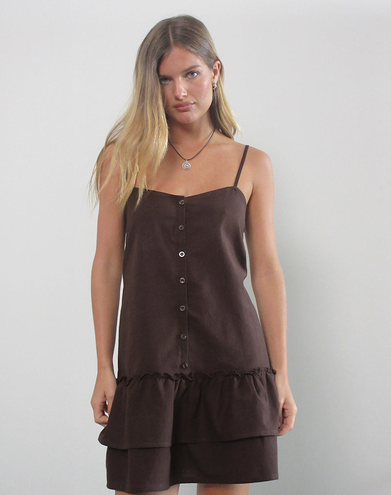 Image of Mailina Linen Button Up Mini Dress in Chocolate Brown