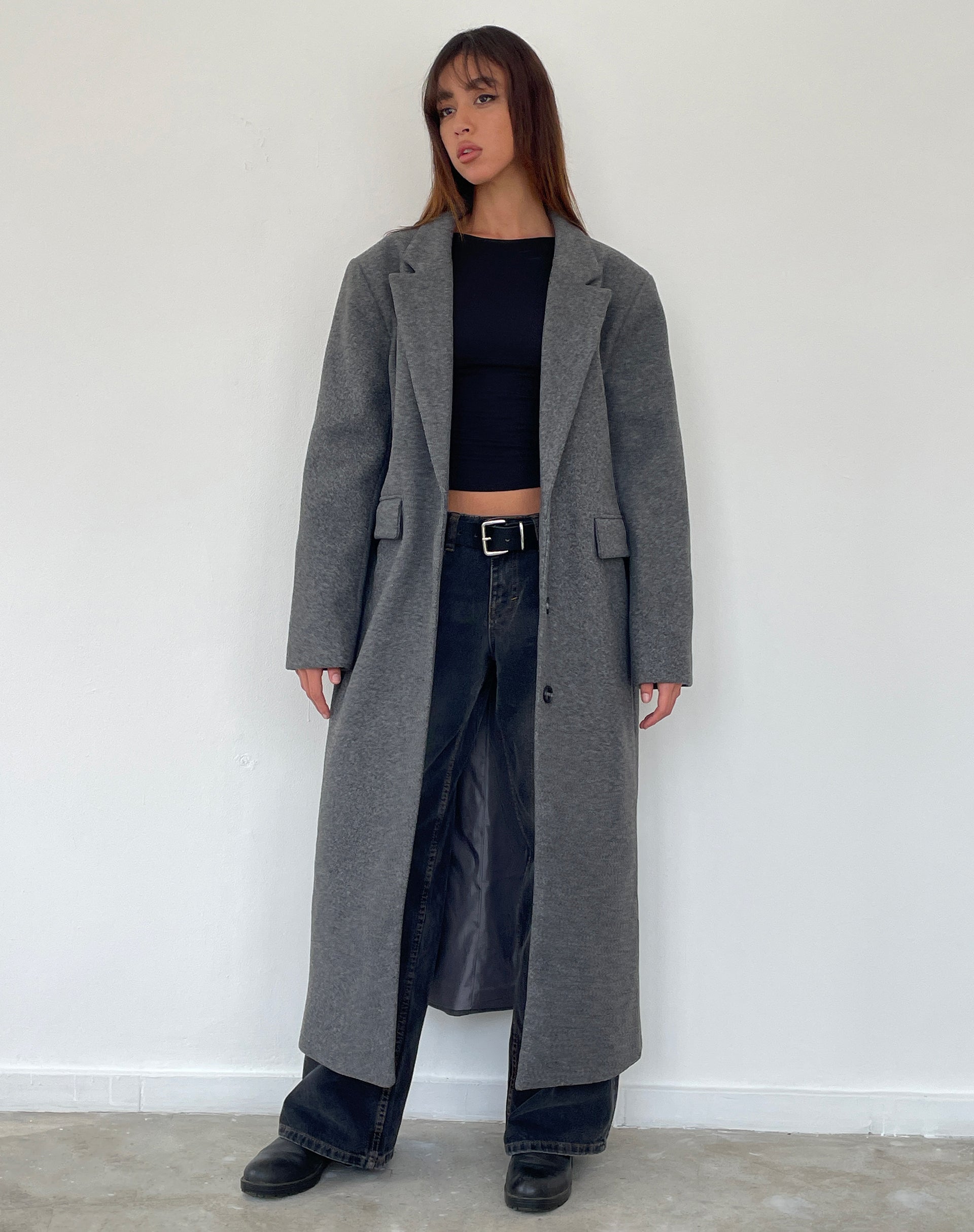 Image of Malati Longline Wool Coat in Charcoal