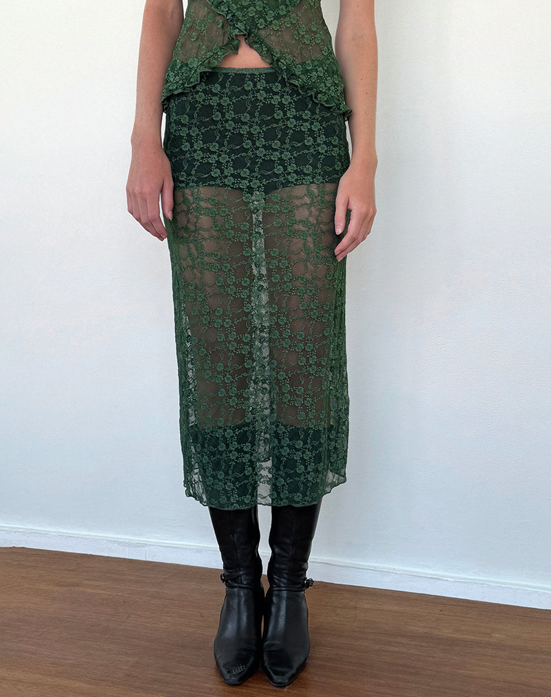 Image of Diri Unlined Midi Skirt in Sage Canina Rose Lace