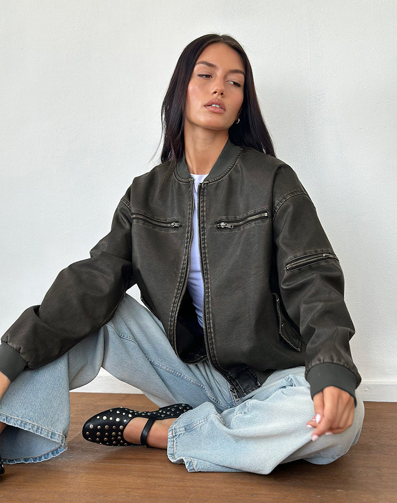 Image of Marco Distressed Bomber Jacket in PU Charcoal