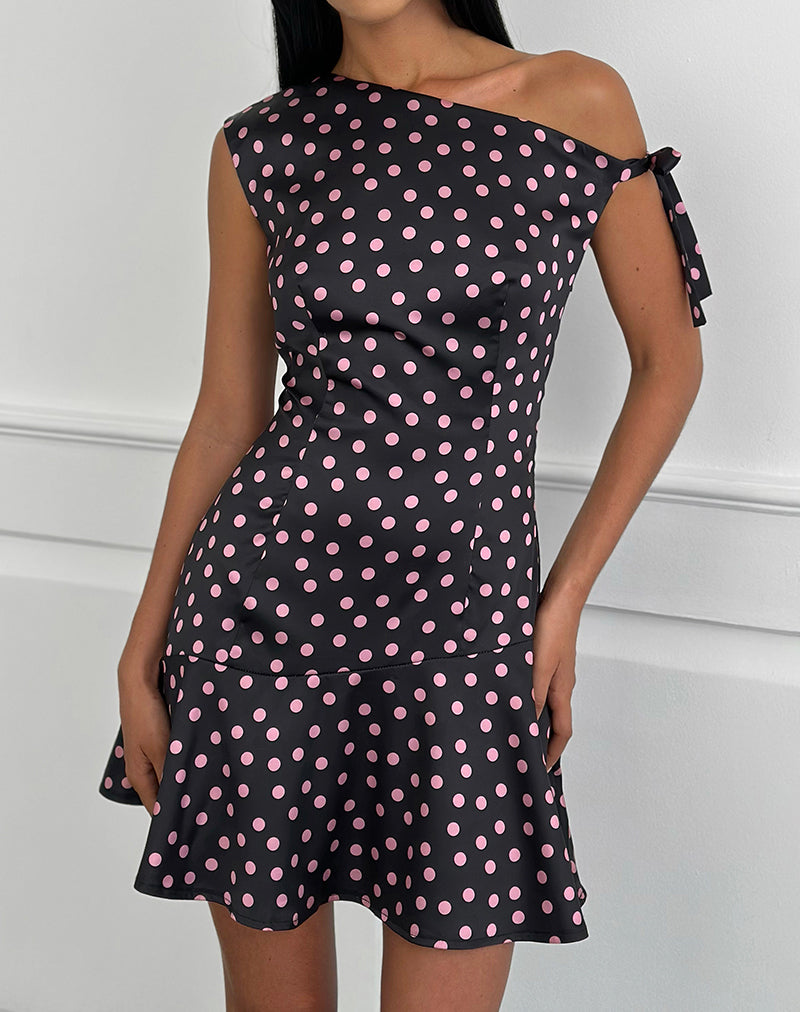 Image of Maribel Mini Dress in Black Satin Scattered with Pink Polka
