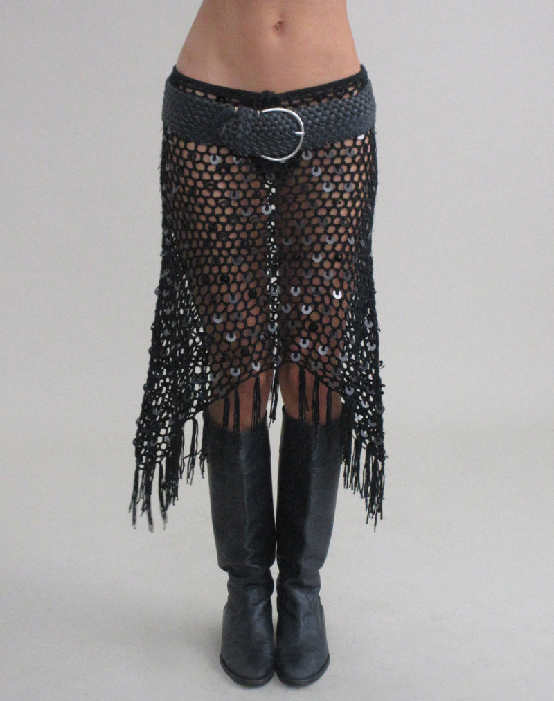 Maritza Midi Skirt in Crochet Knit Black