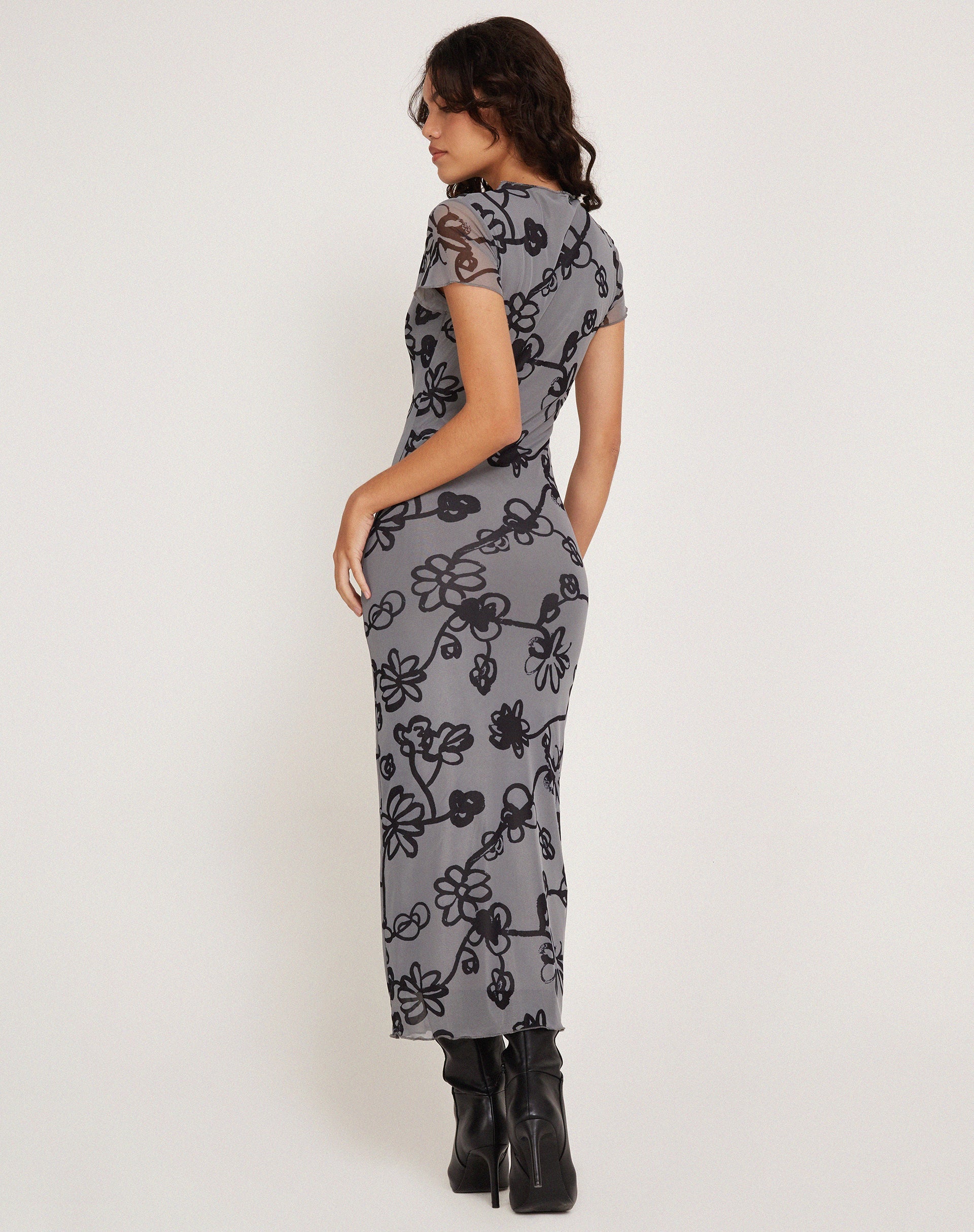 Image of Maruza Midi Dress in Mesh Doodle Flower Grey