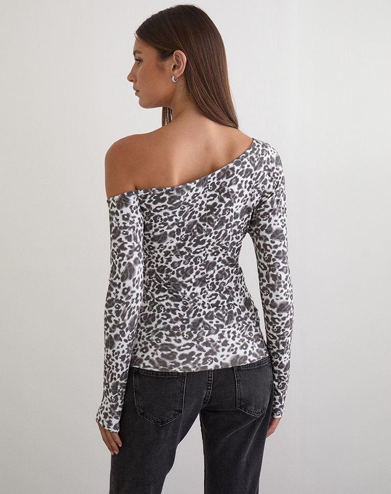 Image of Matiah Off Shoulder Top in Jersey Blurry Leopard Grey