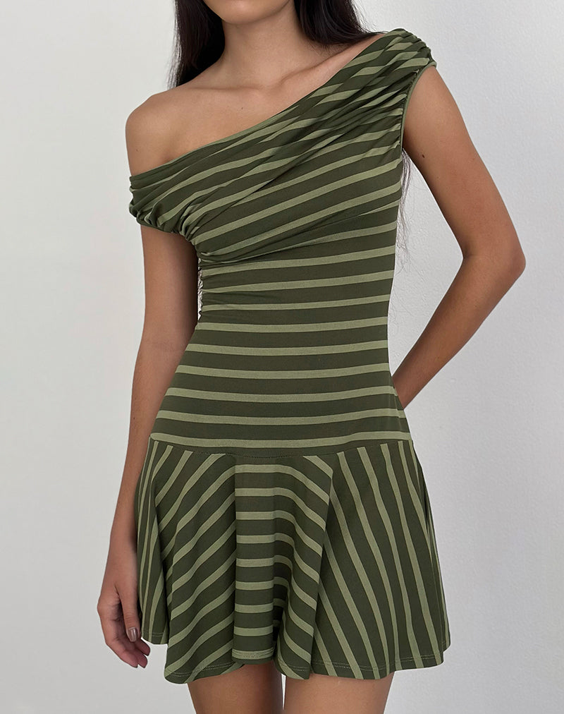 Mausari Mini Dress in Wide Stripe Green