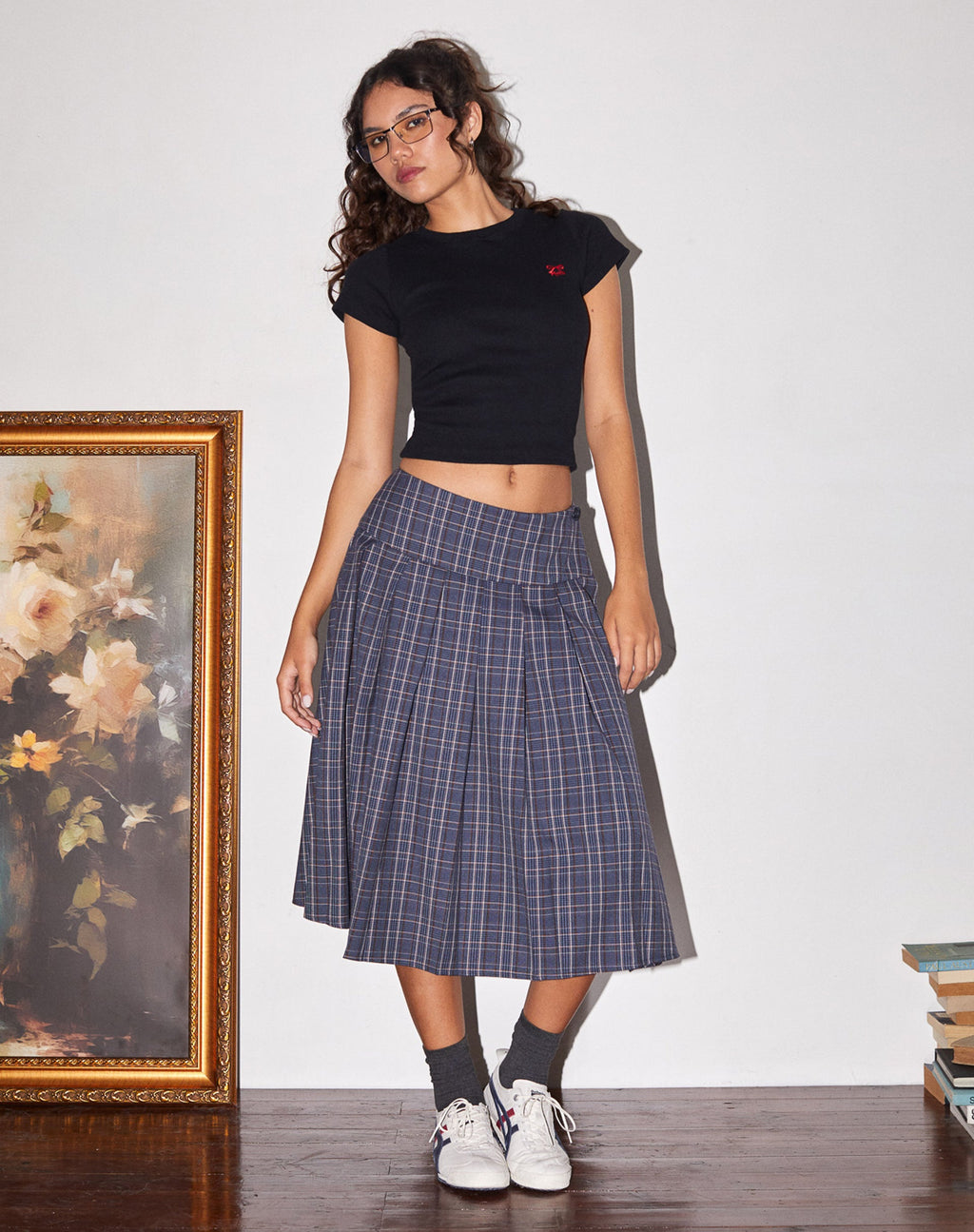 Catelyn Pleated Midi Skirt in Navy Check