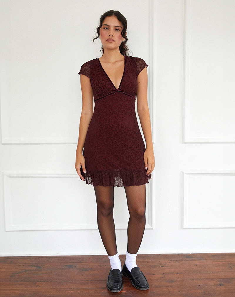 Image of Melva Mini Dress in Ditsy Flock Burnt Maroon