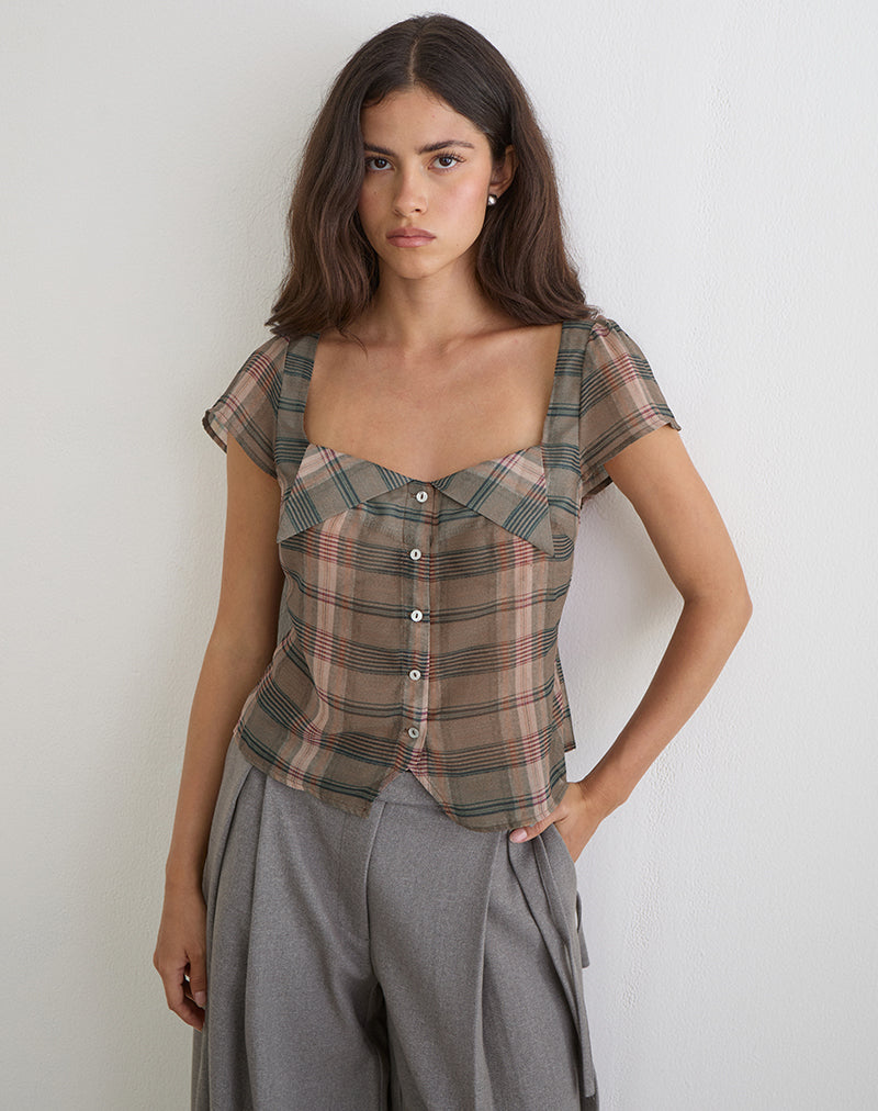 Image of Meraki Blouse Top in Brown and Pink Blurry Check
