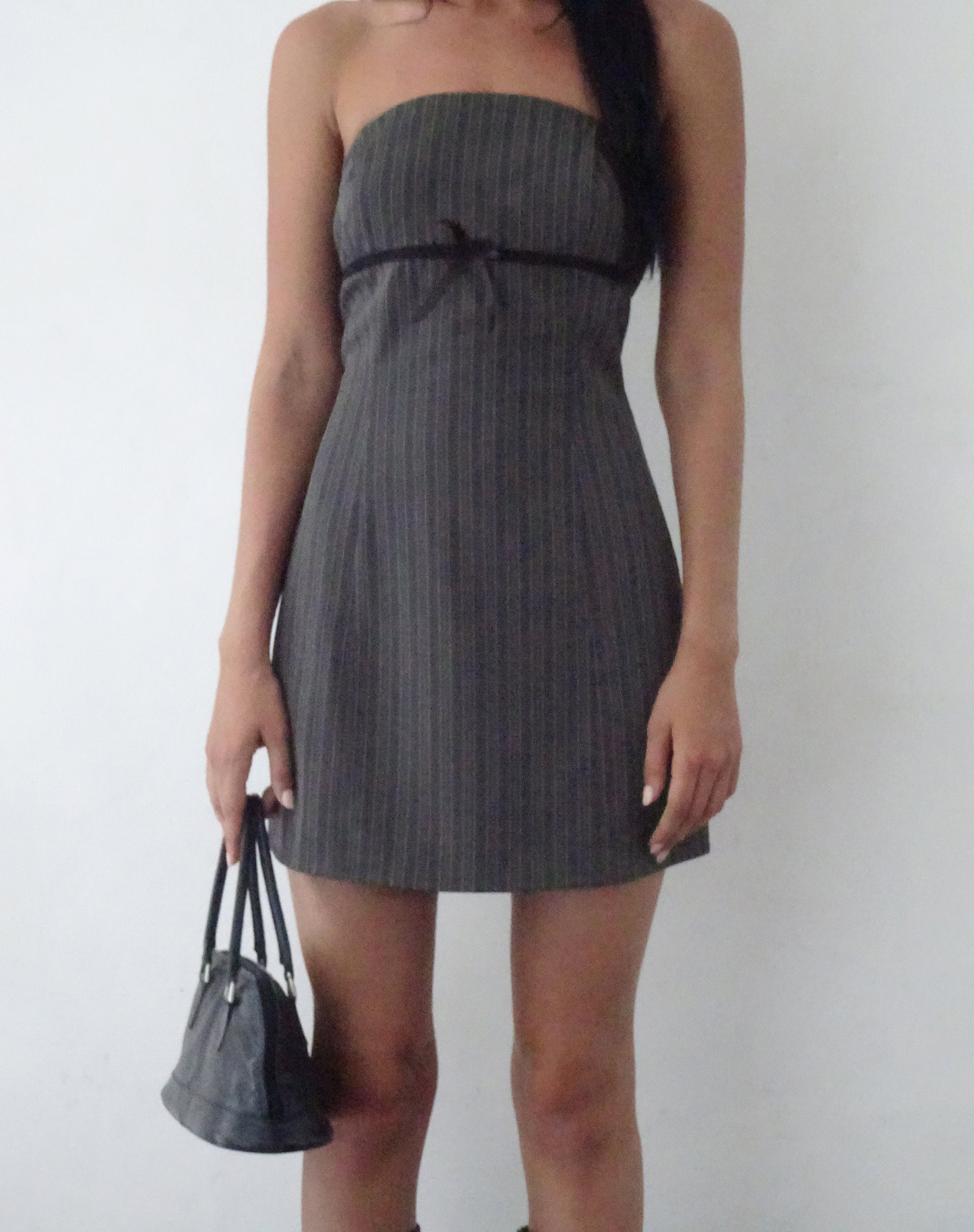 Image of Merila Bandeau Mini Dress in Pinstripe Grey