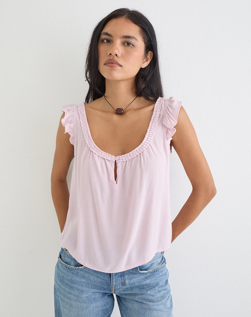 Merisso Scoop Neck Keyhole Top in Crinkle Light Pink