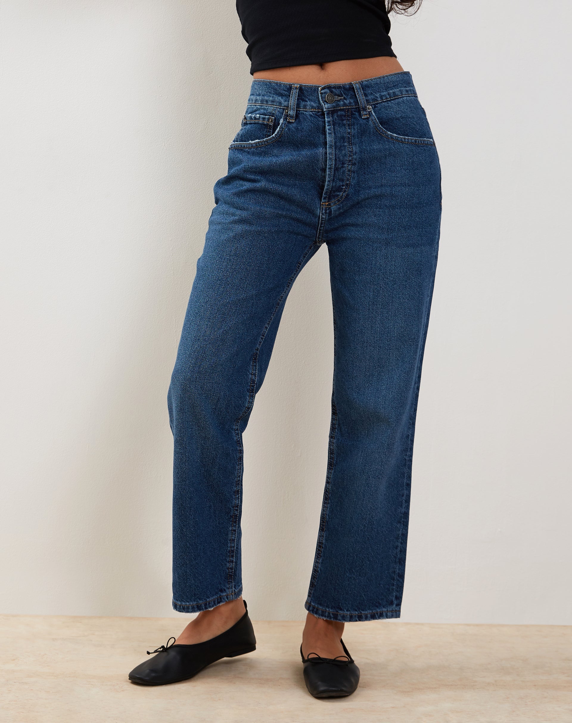 Image of Mid Rise Straight Leg Jeans in Mid Blue Used Denim