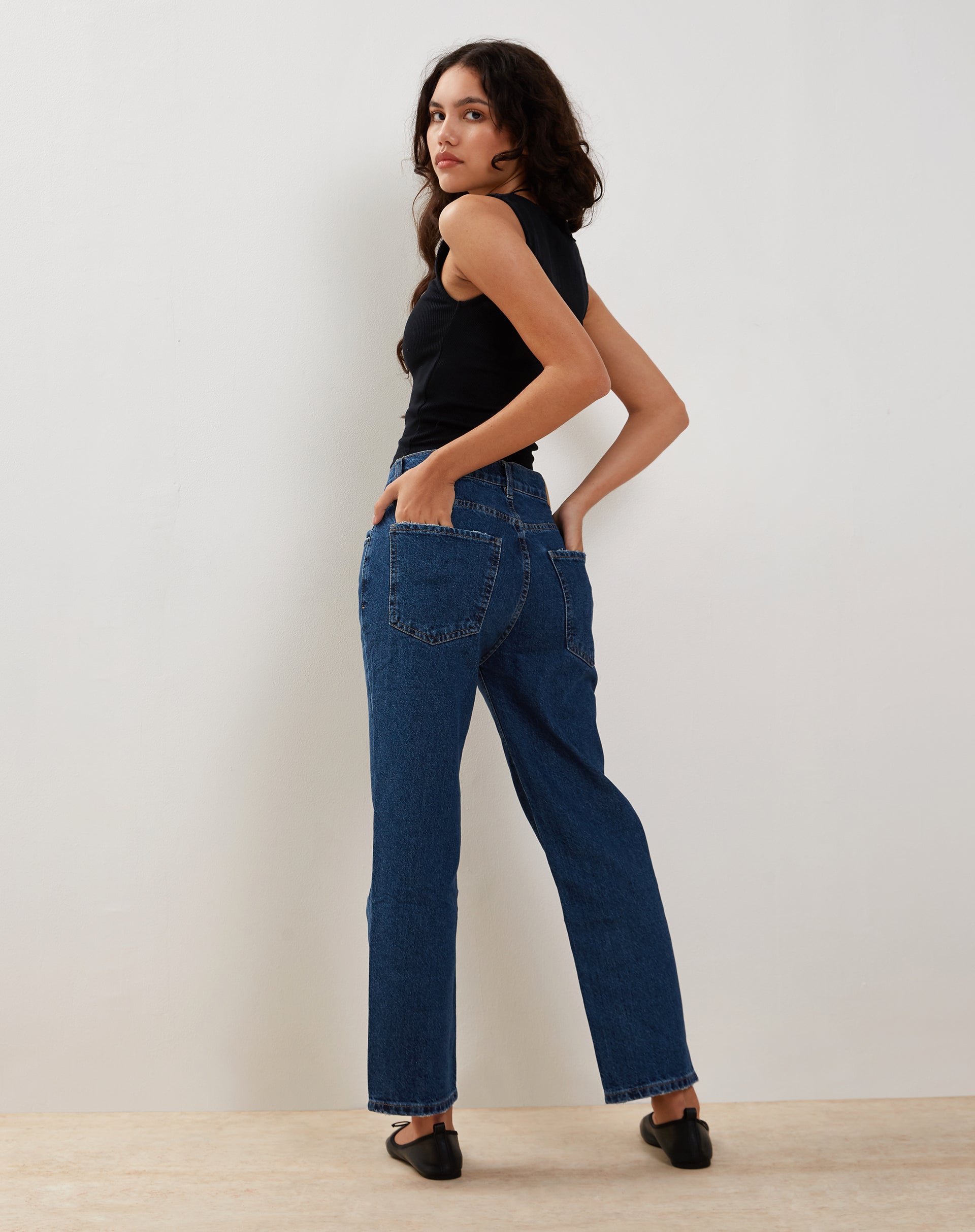 Image of Mid Rise Straight Leg Jeans in Mid Blue Used Denim