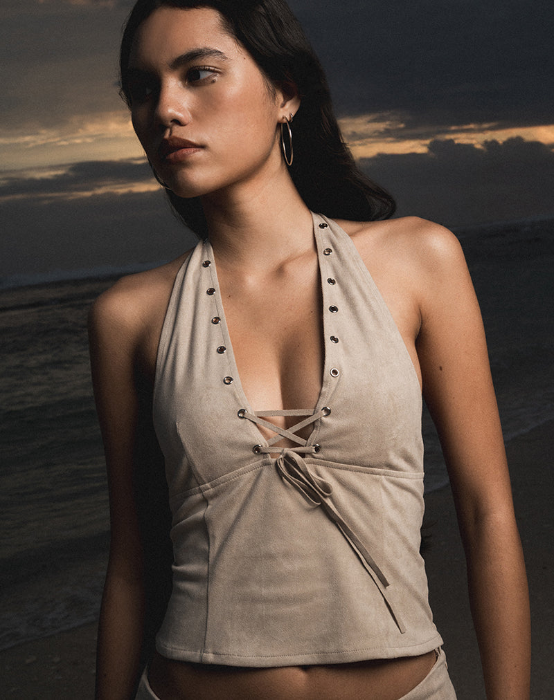 Miella Tie Front Top in Suede Light Taupe with Eyelets