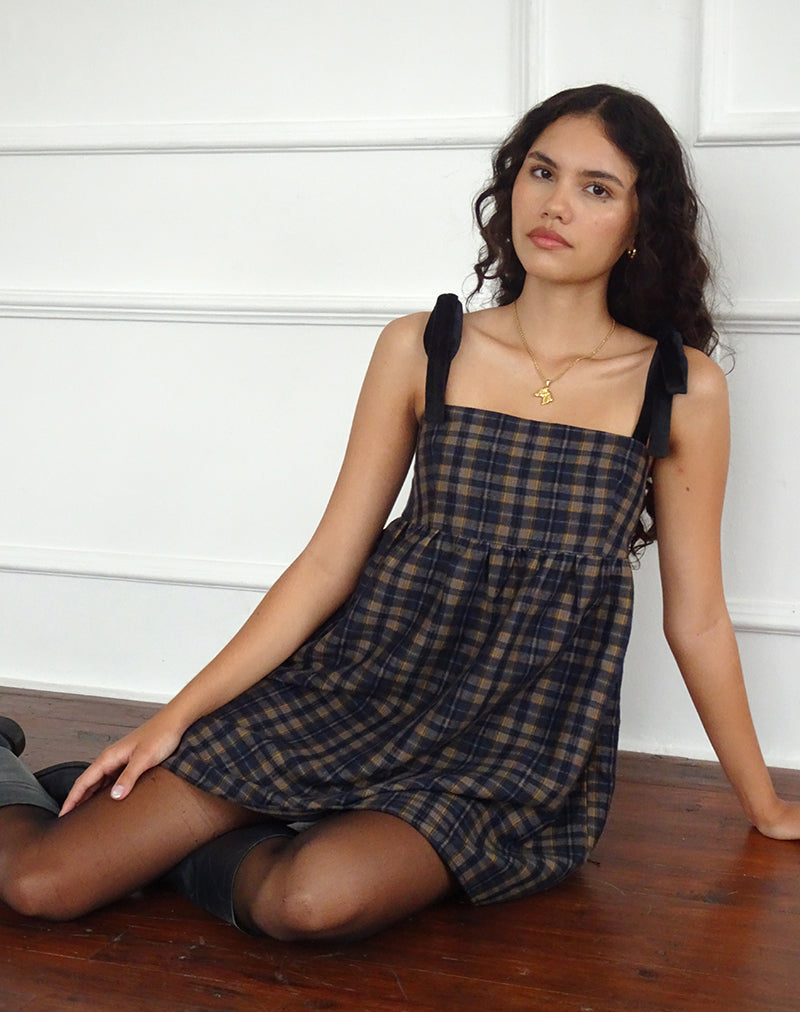 Brown Mustard Navy Check Tartan Square Neck Mini Dress | Mikayla
