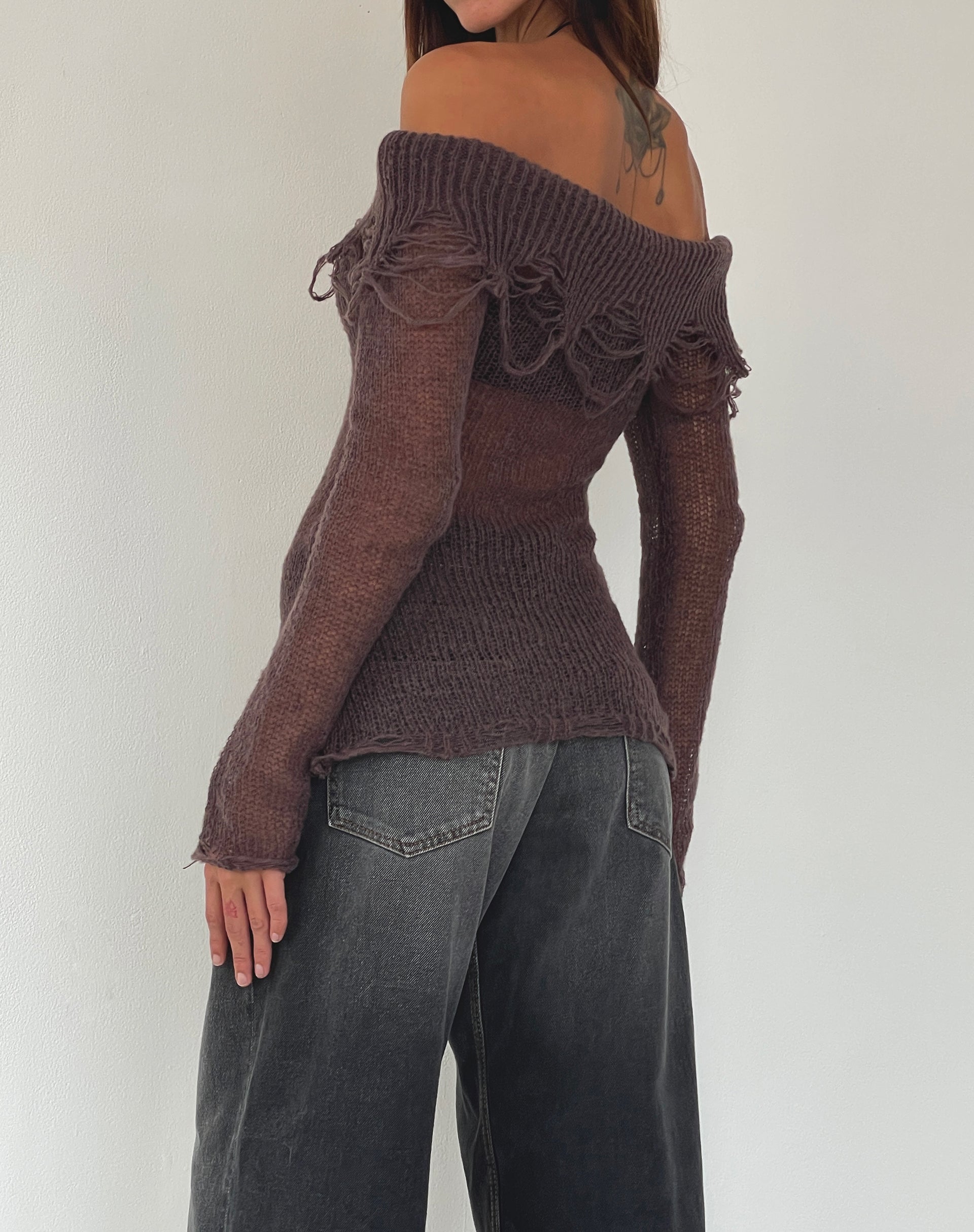 Image of Milena Distress Knit Long Sleeve Bardot Top in Maroon