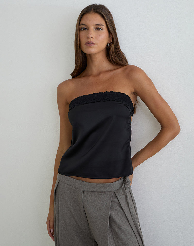 Minae Bandeau Top with Lace Trim in Satin Black