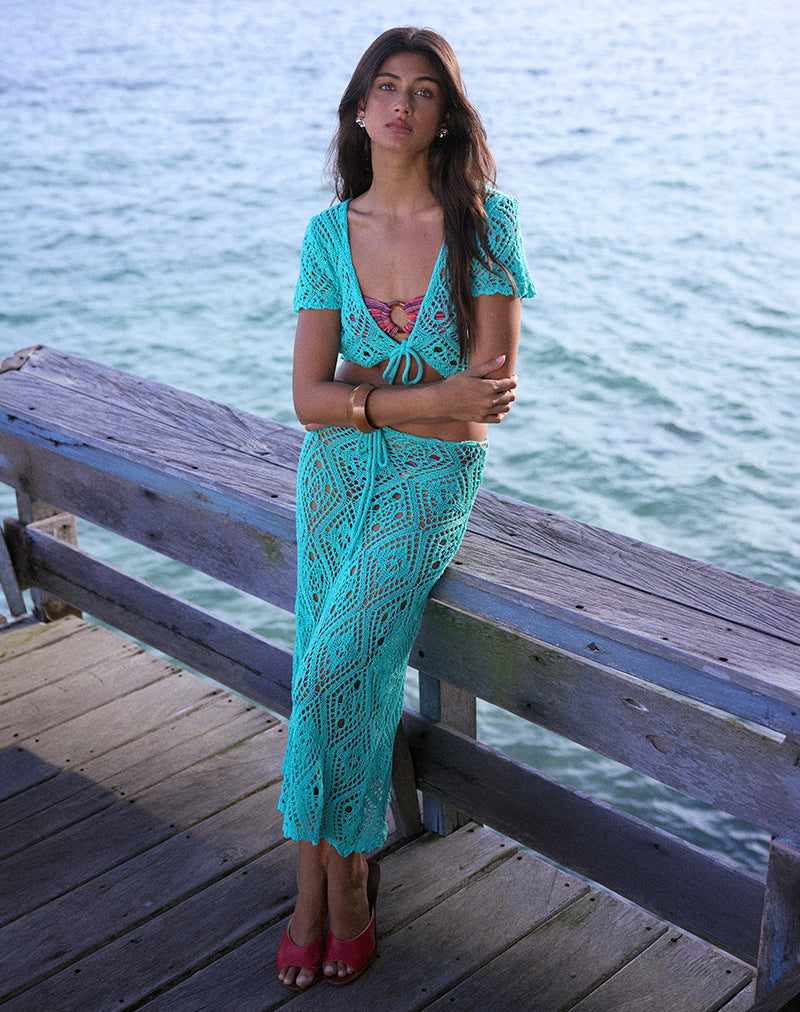 Diora Midi Skirt in Crochet Knit Aqua Sky