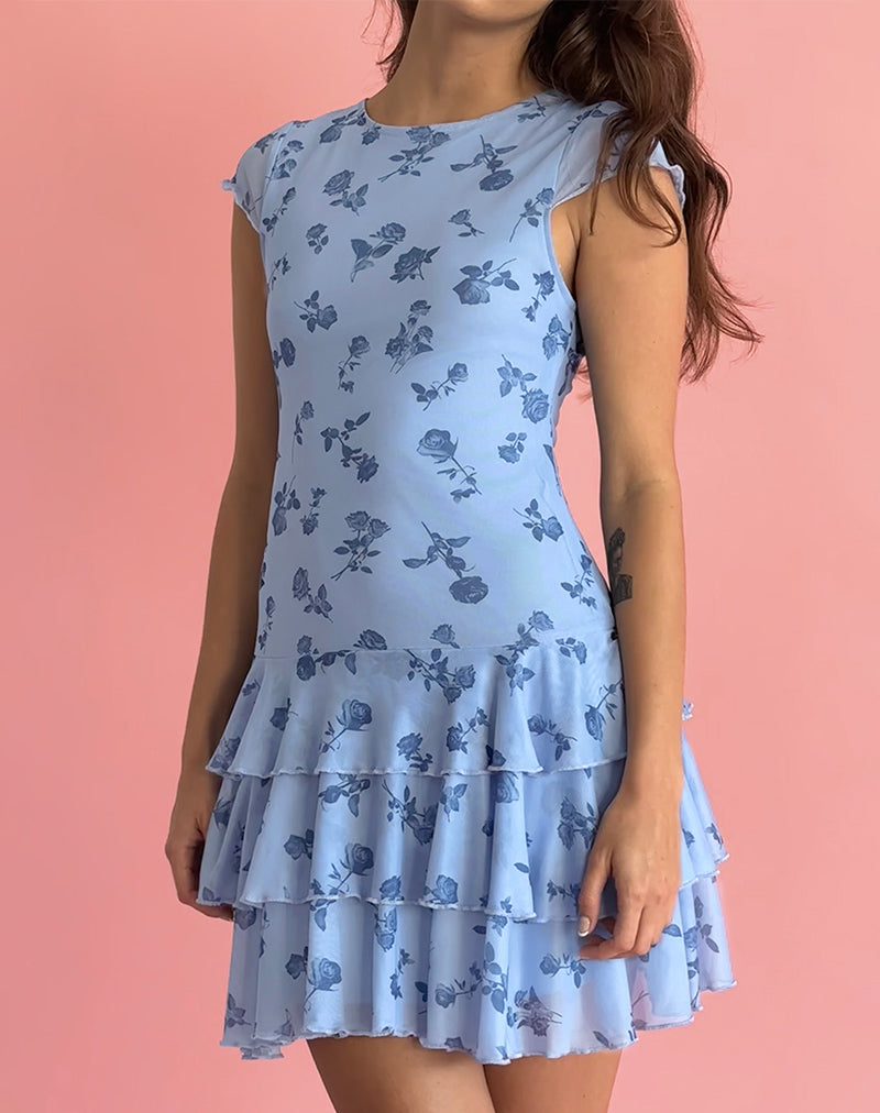Mirtilo Mini Dress in Inky Blue Floral Mesh
