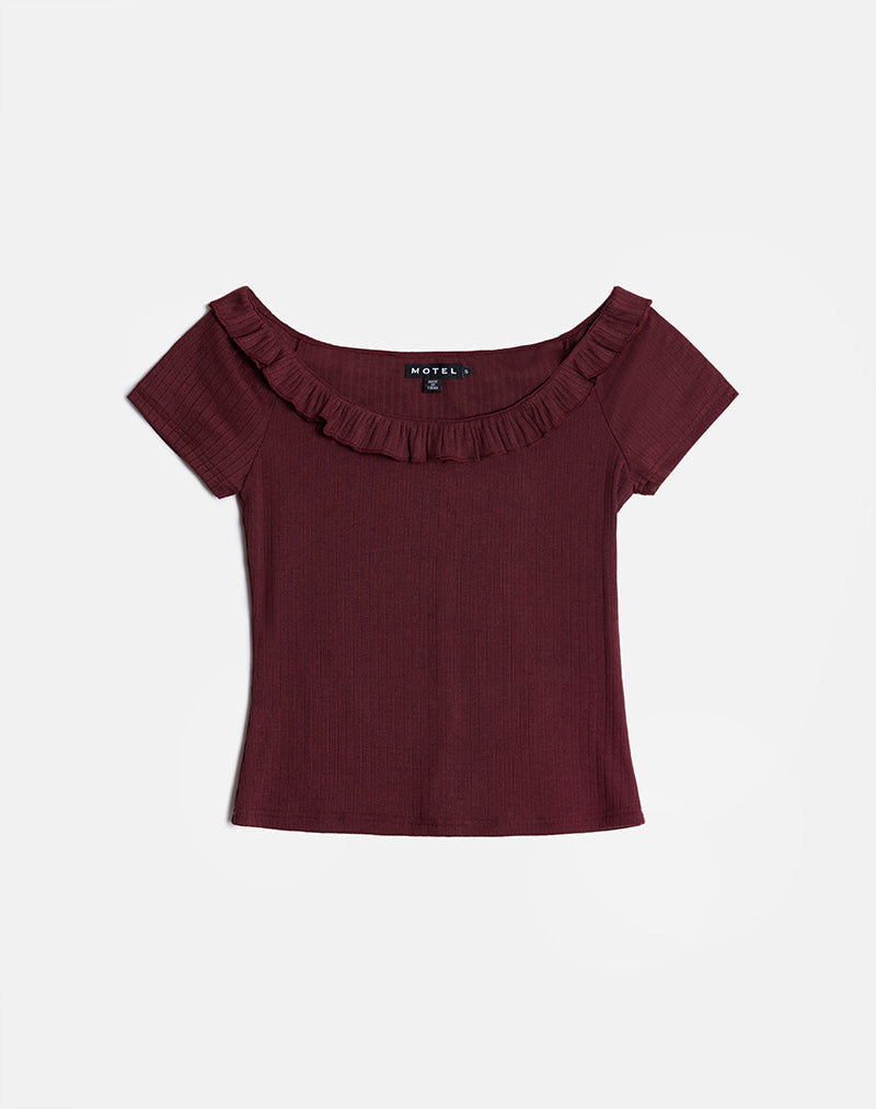 Image of Mitali Top with Ruffle in Pointelle Burgundy