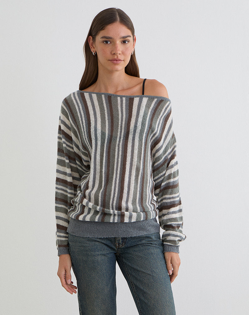 Monara Off Shoulder Knit Top in Big Stripe Grey