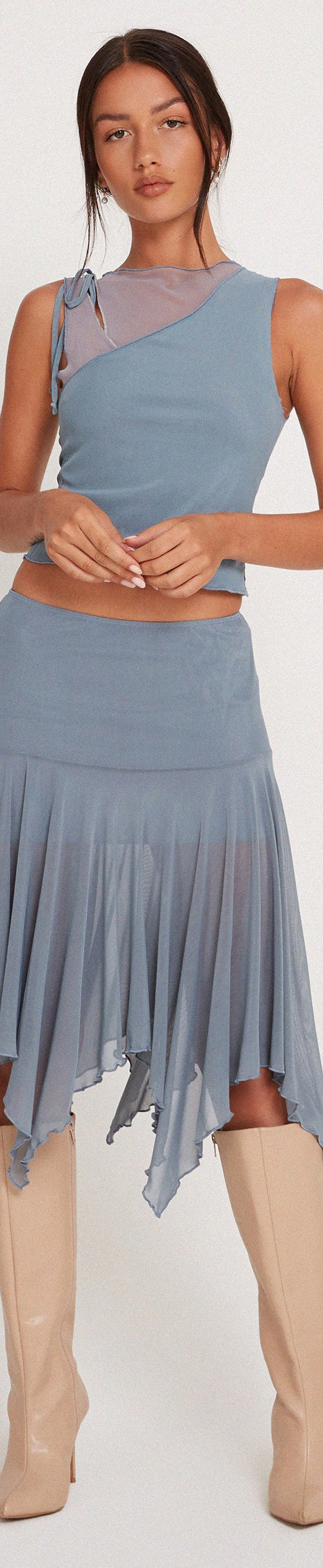 Image of Jovali Low Waist Midi Skirt in Blue Grey Mesh