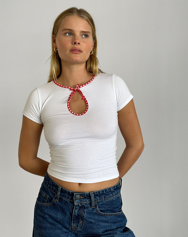 Image of Monsel Tie Front Top in White with Red Gingham Binding