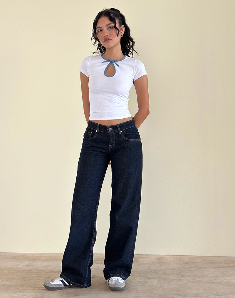 Image of Monsel Tie Front Top in White with Faded Denim Binding