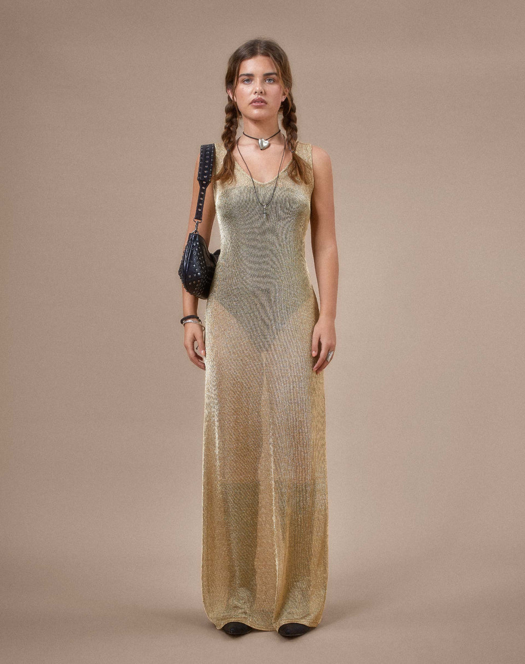 Morticia Maxi Dress in Chain Knit Gold