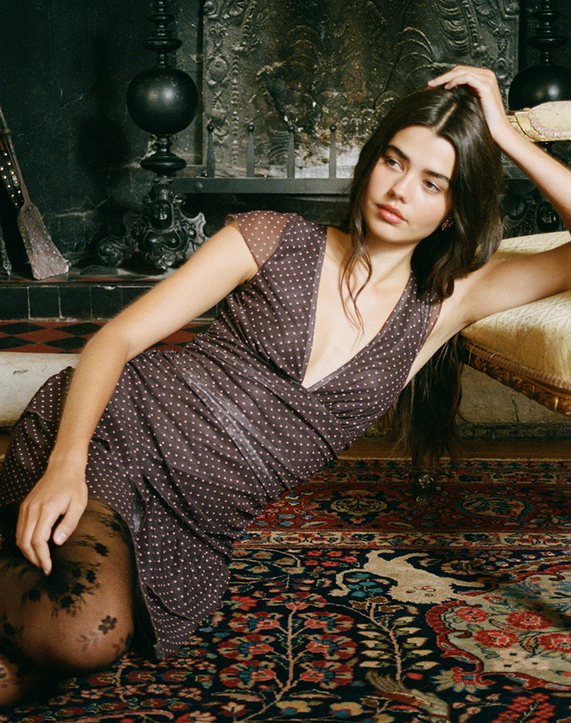 Image of  Mowgli Cap Sleeve Mini Dress in Brown with Micro Polka Pink Print