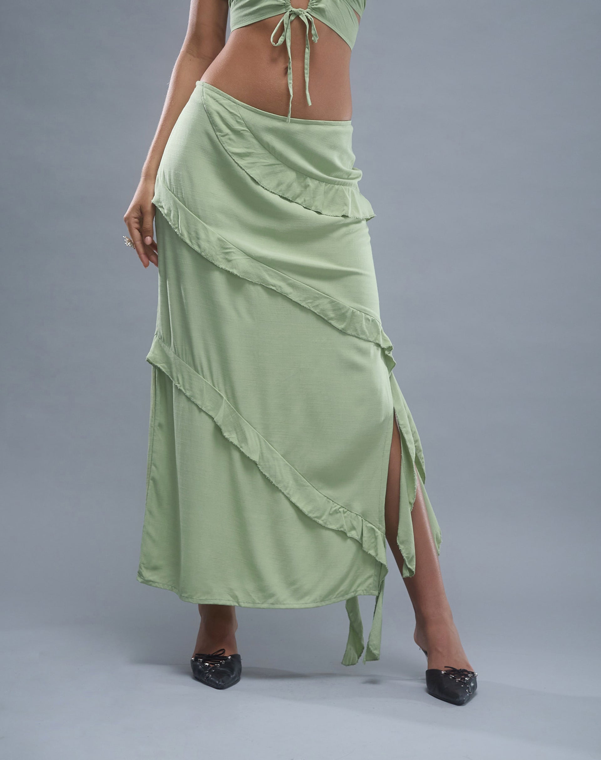 Image of Varena Low Rise Ruffle Maxi Skirt in Mint Sage