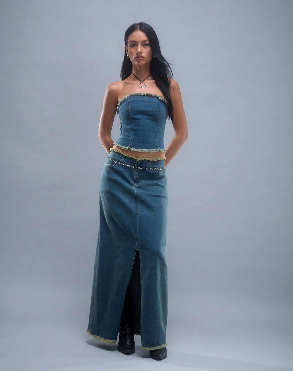 Zaenap Frayed Denim Maxi Skirt in Brown Blue Acid