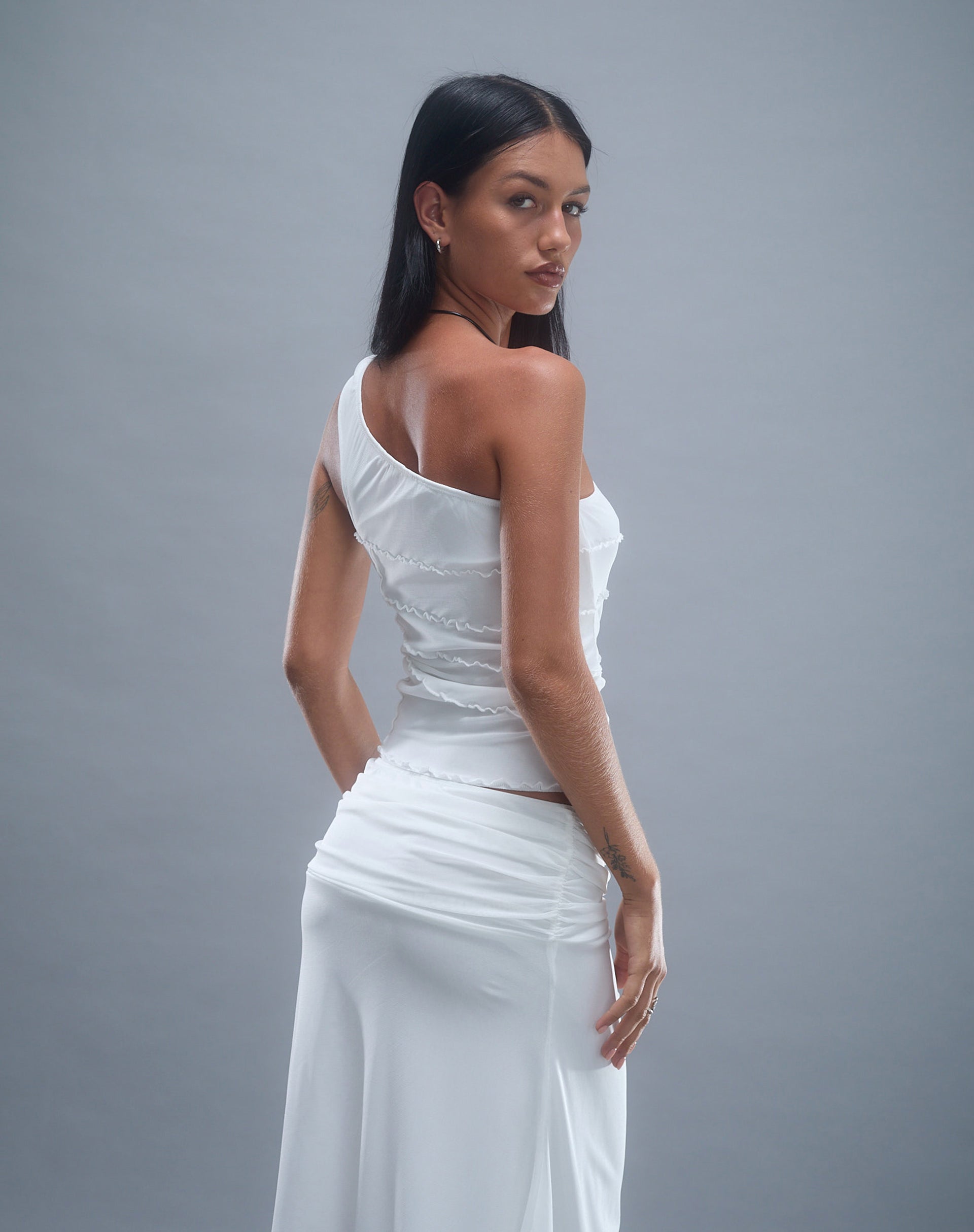 Image of Cochise Seam Detail One Shoulder Mesh Top in Ivory