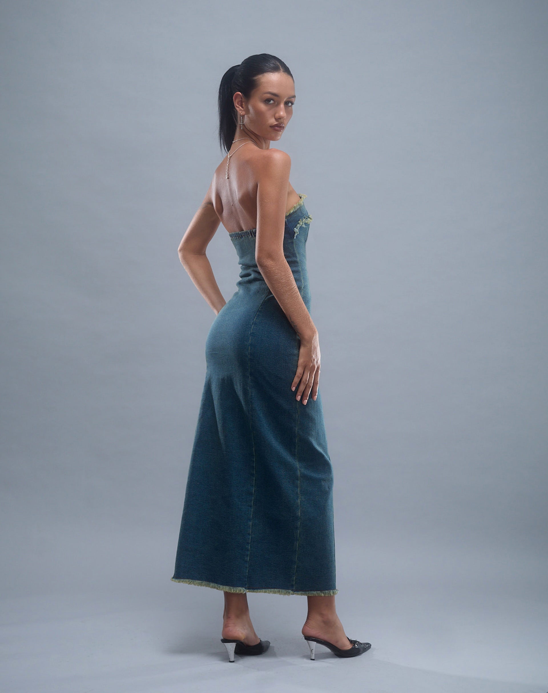 Image of Atun Denim Bandeau Maxi Dress in Brown Blue Acid Wash