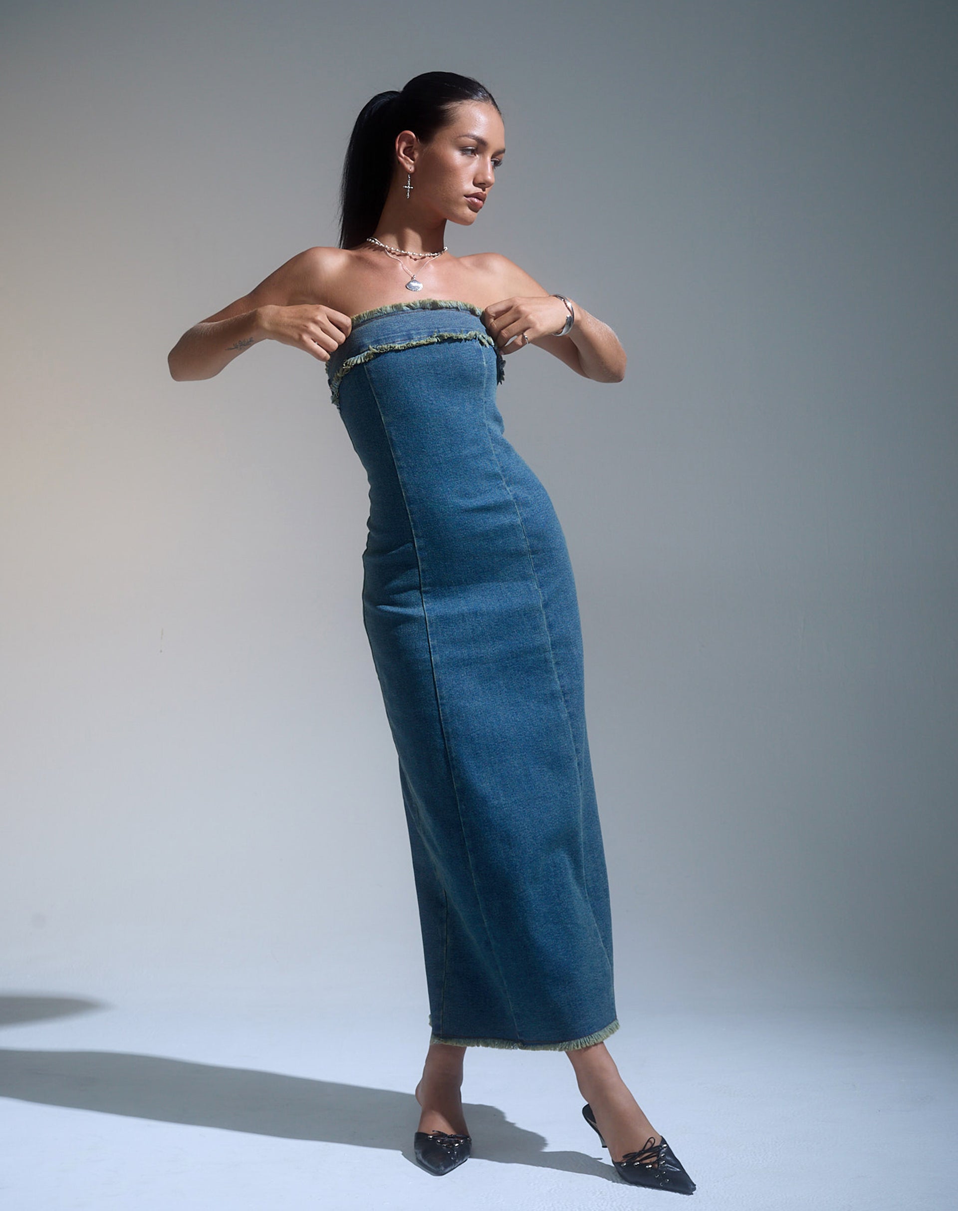 Brown Blue Acid Wash Denim Bandeau Maxi Dress Atun motelrocks